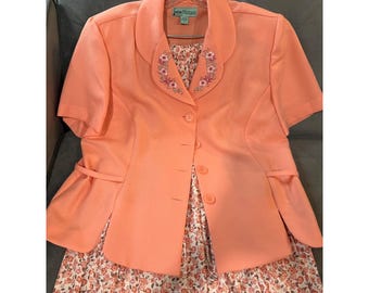 Sara Morgan Haband Peach Floral Skirt Suit Set Short Sleeve Embroidered LP