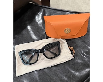 Tory Burch TY7089 Black Square Sunglasses Silver Logo 53-20-135 Case & Pouch