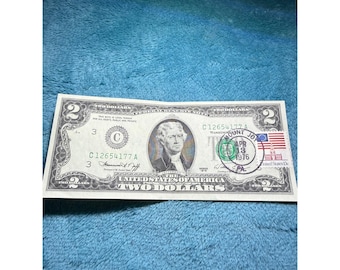 Billete de dos dólares de la serie 2 de 1976, primer día de emisión, matasellado el 13 de abril, Mount Joy, Pensilvania.