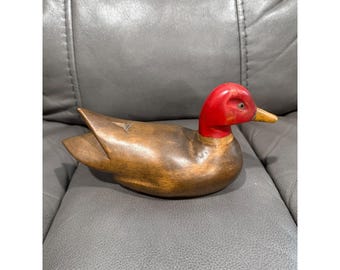 Figura de pato de madera tallada a mano, estilo vintage, con cabeza roja y cuerpo marrón, 23 cm (9 pulgadas).