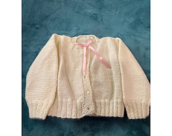 Handmade Cream Knit Baby Cardigan Sweater Pink Ribbon Bow Button Front Cream