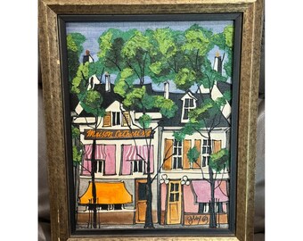 Pintura al óleo de Guy-Nochet, París, 1969, Escena callejera de Maison Catherine, Arte enmarcado
