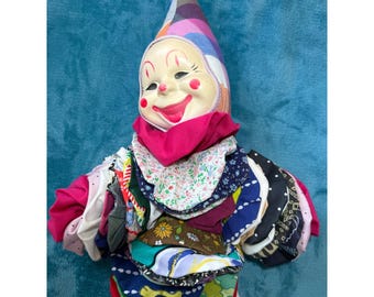 Muñeco de payaso con yo-yo vintage hecho a mano, tela multicolor, arte popular, decoración de circo, 21"