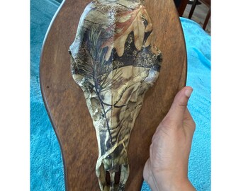 Camo Hydro Dipped Deer Skull Mounted on Wood Plaque Hunting Cabin Decor 15.5in
