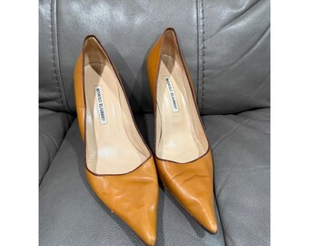 Zapatos de tacón de aguja Manolo Blahnik ES646 de piel color camel con punta afilada, talla 40.5.