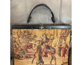 1900's  Vintage Tapestry Handbag Black Leather Frame Clasp Handle Bag 18" by 14"