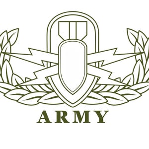 May include: A green and white Army badge featuring a central shield shape with a vertical bar and lightning bolts. The shield is surrounded by a laurel wreath and the word "ARMY" is printed at the bottom.