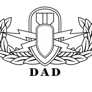 May include: Black and white military-style badge with a central shield shape, lightning bolts, and laurel leaves. The word "DAD" is printed in bold letters at the bottom. This design is suitable for a gift or commemorative item.