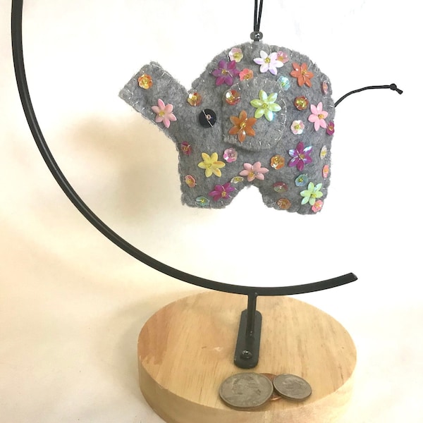 Cute Handmade Flowery Elephant Ornament Gray Wool Blend Felt Flower Sequins Glass seed Beads Hippie Boho FREE SHIPPING