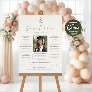 May include: A graduation announcement on a wooden easel. The sign features the name "Savannah Johnson" and "Class of 2026" with a photo. Additional text includes "Scholarships Earned", "Favorite Subject", and "Schools Attended".