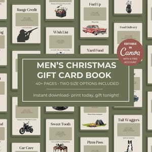 Peut inclure: Un ensemble de modèles de cartes-cadeaux avec des thèmes variés, dont "Gone Fishing", "Fuel Up" et "Sweet Tooth". Le texte principal indique "MEN'S CHRISTMAS GIFT CARD BOOK" avec "40+ PAGES" et "TWO SIZE OPTIONS INCLUDED".