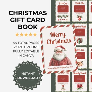 May include: A Christmas gift card book with a festive design. The cover features "Merry Christmas" text and a Santa illustration. Includes 44 pages, 2 size options, and is fully editable in Canva. Instant download.