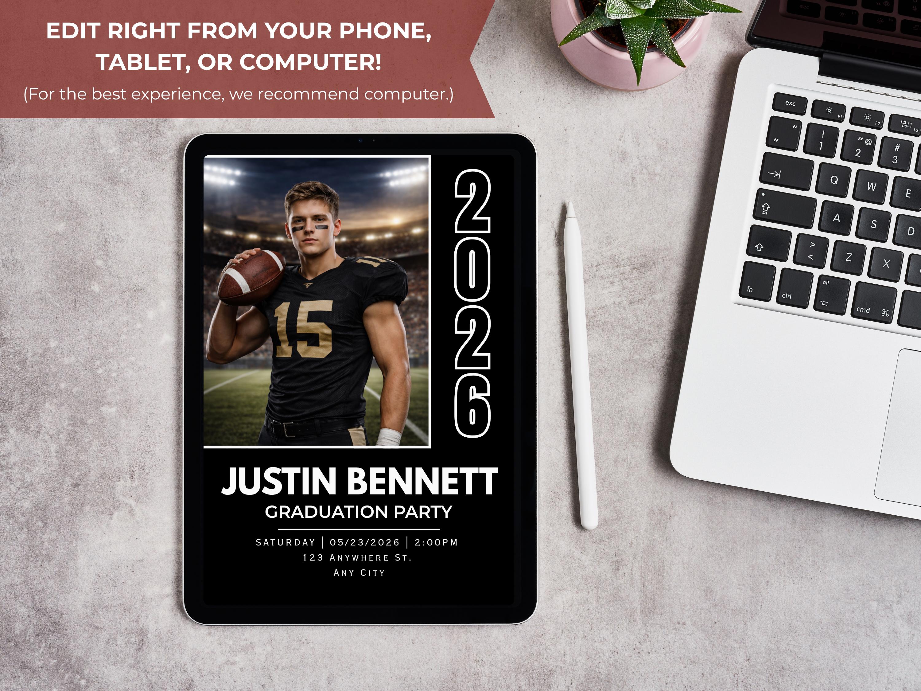 Male Graduation Invitation, Canva Template, Personalized Sports Senior ...