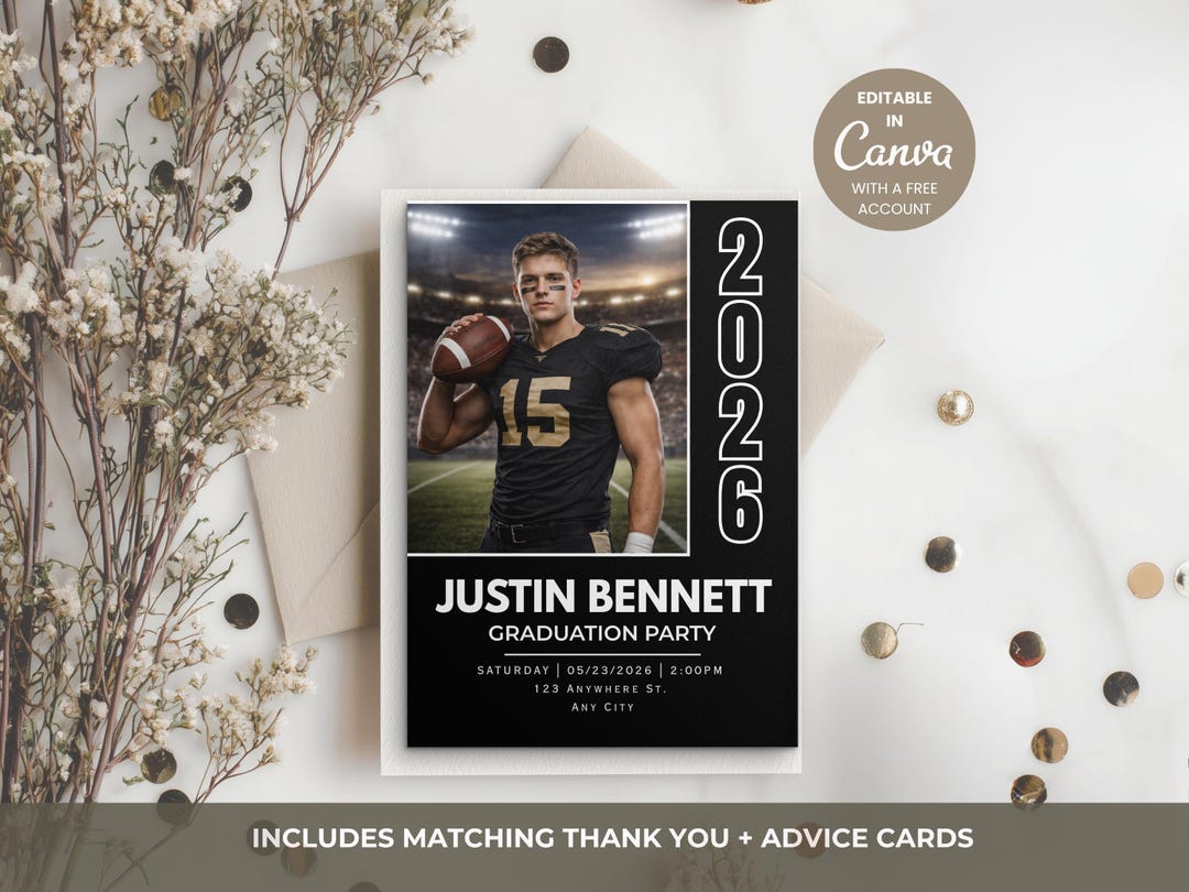Male Graduation Invitation, Canva Template, Personalized Sports Senior ...