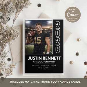 Male Graduation Invitation, Canva Template, Personalized Sports Senior Photo, Modern Boy Grad Party Invite