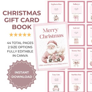 Könnte beinhalten: Ein Weihnachtsgutscheinbuch mit rosa und weißem Design. Das Cover zeigt eine Illustration des Weihnachtsmanns und die Worte "Merry Christmas". Das Buch umfasst 44 Seiten und ist vollständig in Canva bearbeitbar.
