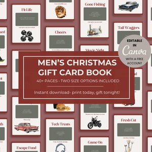 May include: A selection of gift card designs with themes such as "Adventure Card," "Movie Night," and "Sweet Tooth." The cards are set against a white backdrop with a red border. The text "MEN'S CHRISTMAS GIFT CARD BOOK" is displayed prominently.