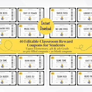 May include: A collection of 40 editable classroom reward coupons for students in upper elementary, 4th & 5th grade. The coupons feature a bee graphic and include pre-filled and blank options. The coupons are in black and white.