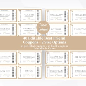Editable Coupon Book for Best Friend, Printable Bestie Coupon Book Vouchers, Reward Vouchers, Golden Ticket, Perfect Last Minute Gift