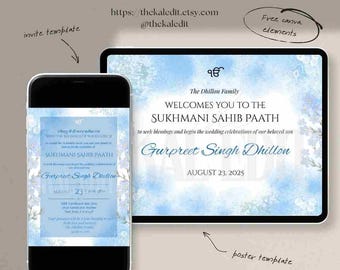 Sukhmani Sahib Paath Poster & Invite Template Suite, Blue Floral (Digital Download)