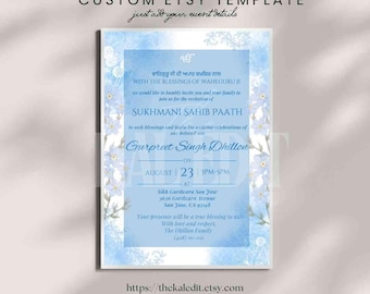 Sukhmani Sahib Paath Invitation Template, Blue Floral (Digital Download)