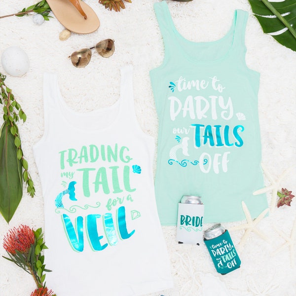 Mermaid Bachelorette Party shirts | Trading My Tail for a Veil & Time to Party Our Tails Off | Teal Mint Green and White | Fitted Tank Tops