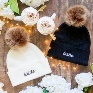 Pom Pom Bride and Bridesmaid Beanies! Fun Fall Bachelorette Party Pom Pom Beanies for your winter wedding | Faux Fur Pom Pom