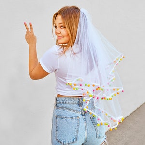 Bachelorette Party Pom Pom trim Veil | Fiesta Bride veil | Veil for Bachelorette
