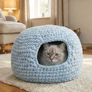 Può includere: Un letto per gatti all'uncinetto, azzurro chiaro, di forma rotonda, con un'apertura circolare. Un gatto soffice e di colore chiaro è all'interno del letto, che guarda fuori. Il letto è su un tappeto color crema in un soggiorno.