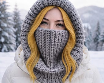 Crochet Turtleneck Hoodie Pattern, Ribbed Balaclava Neck Warmer, Adult Kids Sizes (PDF)