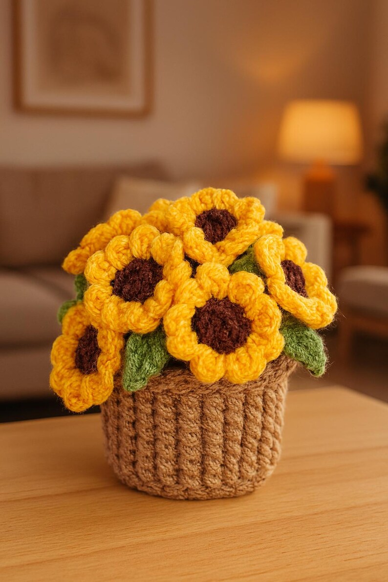 May include: A handcrafted crochet sunflower arrangement in a woven basket. The sunflowers have bright yellow petals and brown centers, with green leaves. The basket is a light brown color, and the arrangement sits on a wooden surface.