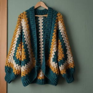 May include: A crochet cardigan featuring a granny square pattern in teal, mustard yellow, and cream. The garment has long sleeves with ribbed cuffs, a wide ribbed collar, and an open front design, constructed with thick yarn in a textured stitch.