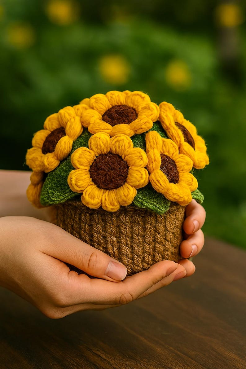 May include: A handcrafted crochet sunflower arrangement. The sunflowers have yellow petals and brown centers, set in a brown woven basket. The arrangement is held in a person's hands, with a blurred green background.