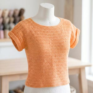 May include: A short-sleeved crochet top in a solid peach-orange color. The garment features a round neckline, a textured stitch pattern throughout the body, and cuffed sleeves. The top is displayed on a white mannequin torso, showcasing the construction.