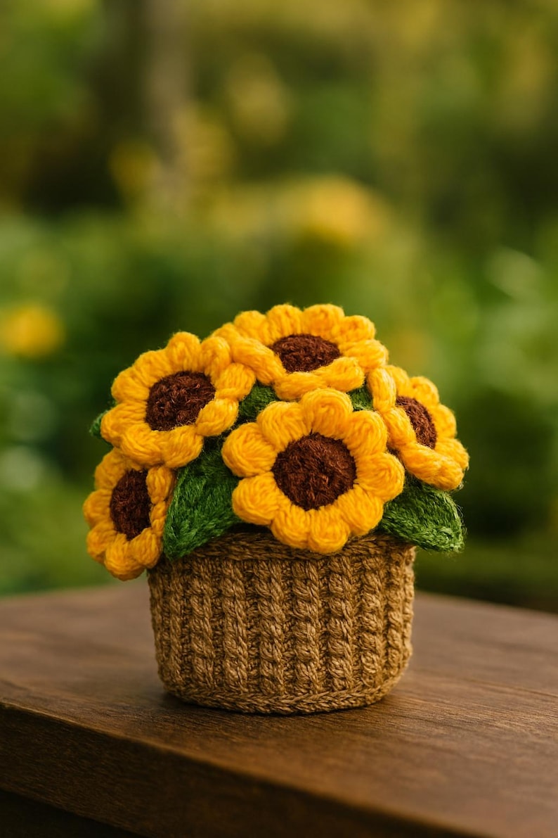 May include: A handcrafted crochet sunflower arrangement in a small woven basket. The sunflowers have bright yellow petals and brown centers, with green leaves. The basket is a light brown color.