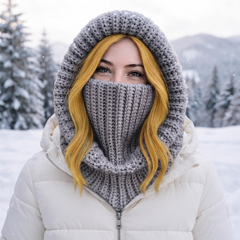 Crochet Turtleneck Hoodie Pattern, Ribbed Balaclava Neck Warmer, Adult Kids Sizes (PDF) image 2