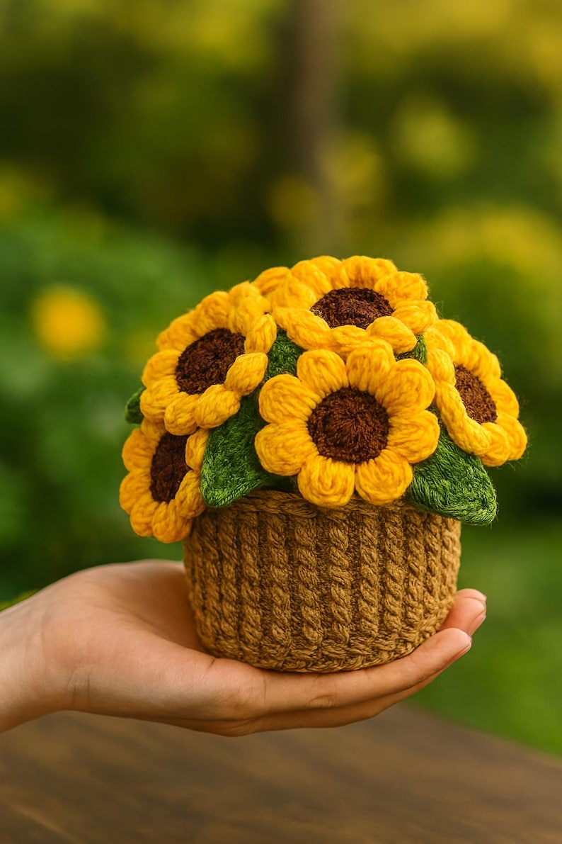 May include: A handcrafted crochet sunflower arrangement in a brown basket. The sunflowers have yellow petals and brown centers, with green leaves. The basket is a light brown color. The arrangement is held in a hand.