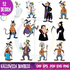 May include: A set of 12 Halloween-themed Goofy character designs in various costumes, such as a ghost, scientist, and vampire. The cartoon-style illustrations include the text "12 DESIGN" and "HALLOWEEN BUNDLES", suitable for digital crafting projects.