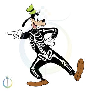 May include: Cartoon illustration of Goofy in a skeleton costume, pointing with his left hand. He wears a black outfit with a white skeleton design, a green hat, and brown shoes. The image has a white background.