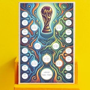 Puede incluir: Una impresión colorida con el trofeo de la Copa Mundial de la FIFA, con un diseño vibrante de azules, naranjas y verdes arremolinados. La impresión incluye espacios para nombres de equipos y se muestra sobre un fondo amarillo.