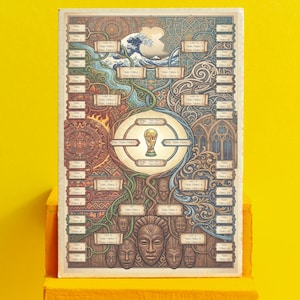 Puede incluir: Un póster ilustrado y colorido con un trofeo en el centro, rodeado de diseños y texto intrincados. El póster se muestra sobre una plataforma amarilla escalonada, contra un fondo amarillo brillante. La obra de arte tiene una estética vintage.