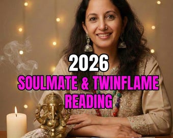 May include: Image featuring a woman smiling, with text overlay reading "2026 SOULMATE & TWINFLAME READING." A golden statue of a deity, tarot cards, a lit candle, and a bundle of sage are on a wooden table. The image has a warm, inviting ambiance.