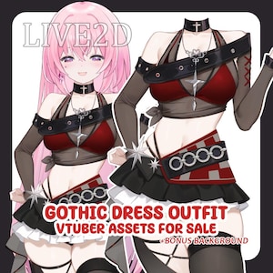 Op de afbeelding: Digitale illustratie van een gothic jurk outfit voor VTuber assets. De outfit heeft een zwarte choker met een kruis, een rood en zwart topje, een zwarte rok met witte rand en zwarte mouwen. De tekst luidt "GOTHIC DRESS OUTFIT VTUBER ASSETS FOR SALE".