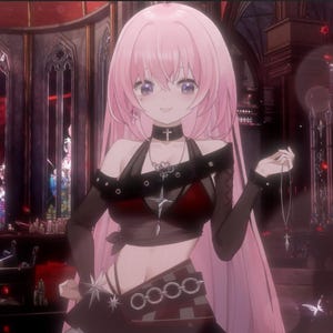 Op de afbeelding: Anime-stijl illustratie van een personage met lang roze haar en paarse ogen, gekleed in een zwarte choker met een kruis hanger, een zwart en rode outfit, en het vasthouden van een zilveren ketting met een kruis bedel. De achtergrond heeft gotische architectuur.