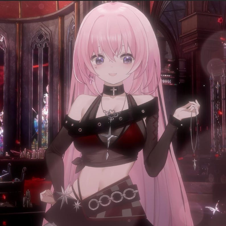 Op de afbeelding: Anime-stijl illustratie van een personage met lang roze haar en paarse ogen, gekleed in een zwarte choker met een kruis hanger, een zwart en rode outfit, en het vasthouden van een zilveren ketting met een kruis bedel. De achtergrond heeft gotische architectuur.