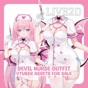May include: Digital illustration of a devil nurse outfit with pink and white colors. The image includes the text "LIVE2D" and "DEVIL NURSE OUTFIT VTUBER ASSETS FOR SALE". The outfit features a nurse hat, dress, and accessories.