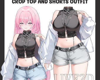 May include: An illustration of a crop top and shorts outfit. The outfit includes a black crop top with a silver chain, light blue denim shorts, a black belt, and a white jacket. The text "CROP TOP AND SHORTS OUTFIT" is at the top.