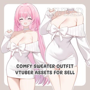 Op de afbeelding: Illustratie van een witte off-the-shoulder trui jurk met een grote strik. De afbeelding toont een anime-stijl karakter met roze haar. Tekst op de afbeelding luidt: "COMFY SWEATER OUTFIT VTUBER ASSETS FOR SELL."