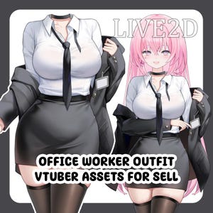 Könnte beinhalten: Illustration eines weiblichen Anime-Charakters in einem Büroangestellten-Outfit. Der Charakter trägt ein weißes Hemd mit Kragen, eine schwarze Krawatte, einen schwarzen Rock und einen grauen Blazer. Der Text "OFFICE WORKER OUTFIT VTUBER ASSETS FOR SELL" wird angezeigt.