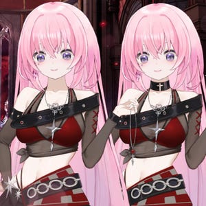 Op de afbeelding: Twee anime-achtige personages met lang roze haar en paarse ogen. Ze dragen bijpassende outfits: een rode top met een zwart harnas, een zilveren ketting en een rok met een kettingontwerp. E&eacute;n heeft een kruis-choker.